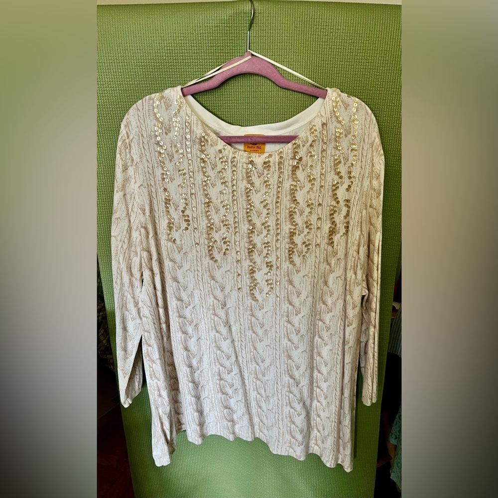 3/4 Sleeve Mock Cable Knit Sweater with Gold Sequined Collar